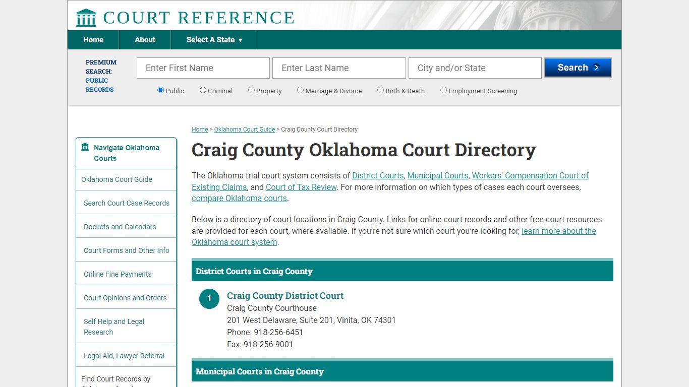 Craig County Oklahoma Court Directory | CourtReference.com